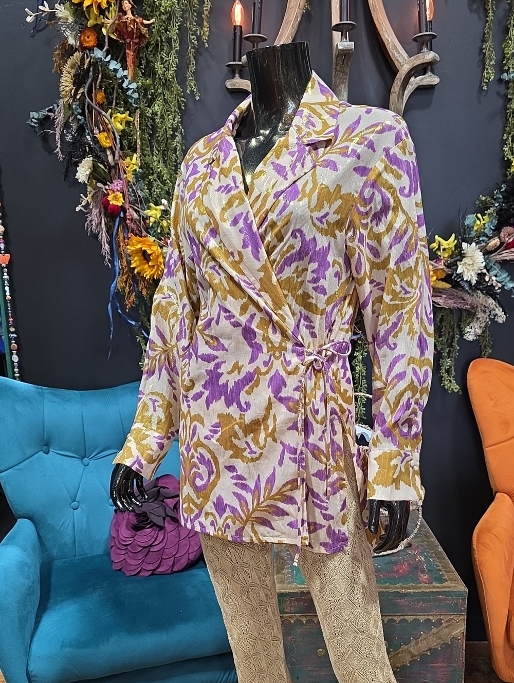Zara Purple and Gold Metallic Patterned Wrap Blazer Blouse